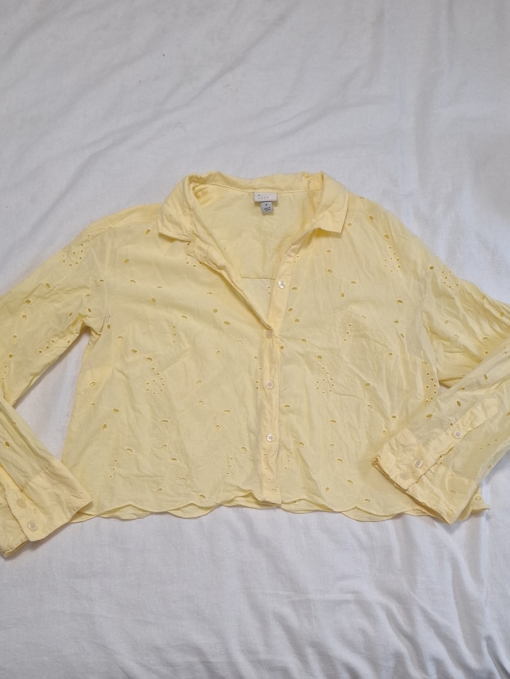 a new day Pale Yellow Eyelet Button-Down Crop Shirt